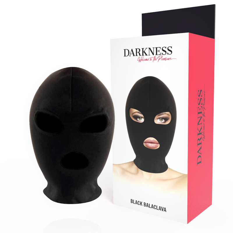 Maschera di sottomissione BDSM bocca e occhi nera di Darkness