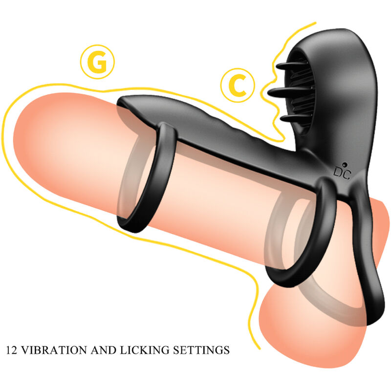Guaina per pene Jammy 12 vibrazioni con lingua in silicone ricaricabile di Pretty Love, immagine 10