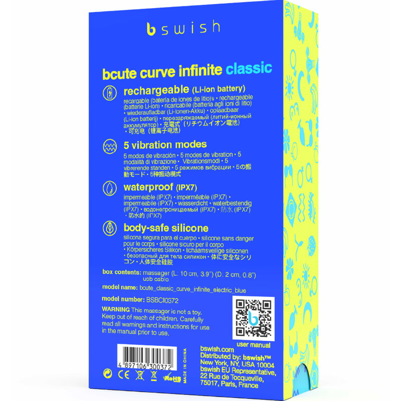 Bcute curve infinite classic vibratore ricaricabile in silicone blu, immagine 5