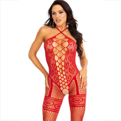 Bodystocking cavezza collo rosso cuori rossi di Leg Avenue