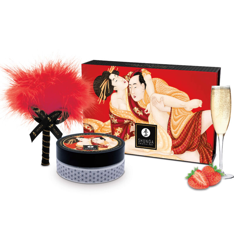 Kit polvere da massaggio commestibile alla fragola di Shunga