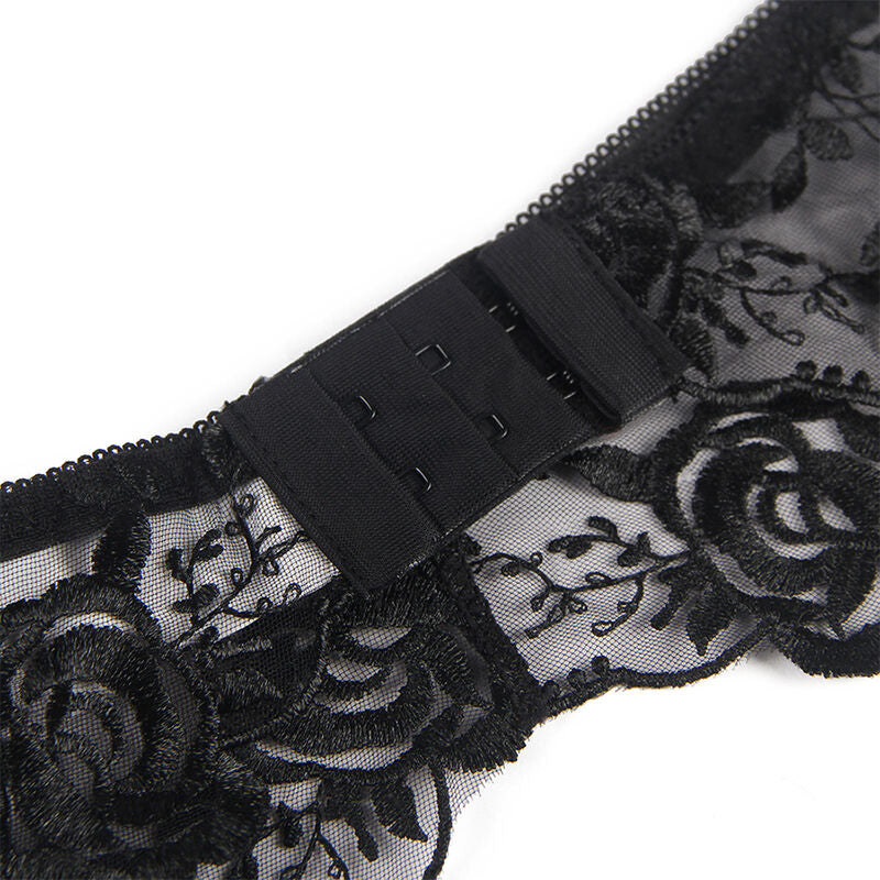 Set 3 pezzi reggiseno e perizoma e giarrettiera stampa floreale nero L/XL di Subblime, immagine 5