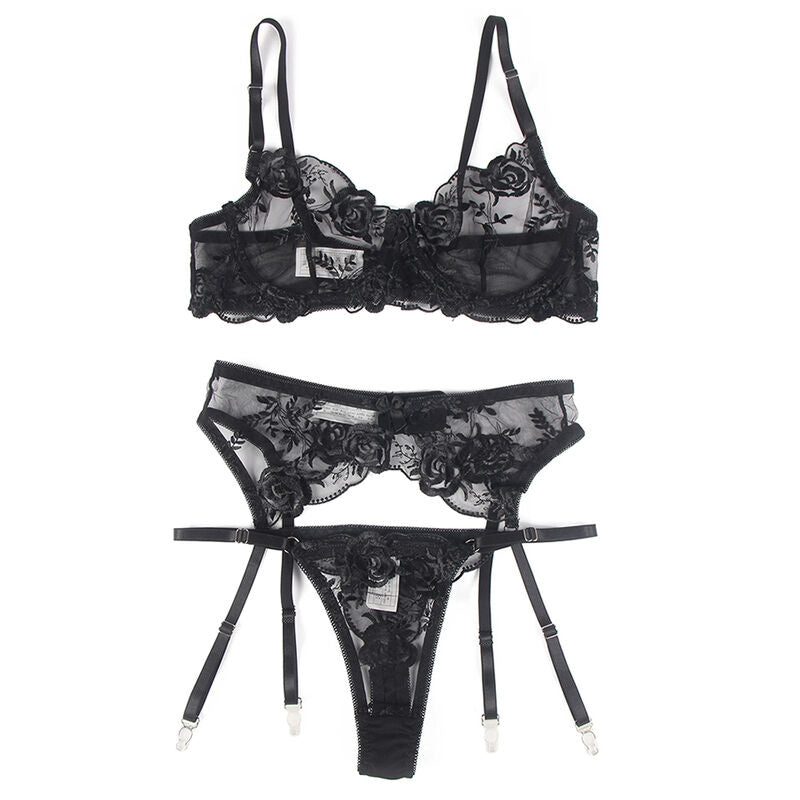 Set 3 pezzi reggiseno e perizoma e giarrettiera stampa floreale nero L/XL di Subblime, immagine 6