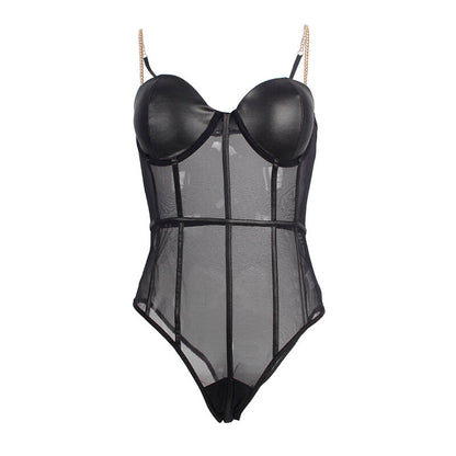 Body con bretelle a catena nera S/M di Subblime, immagine 5