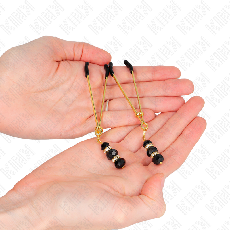 Pinze per capezzoli sottili oro con 3 perline di vetro nere 7 cm di Kink, immagine 3