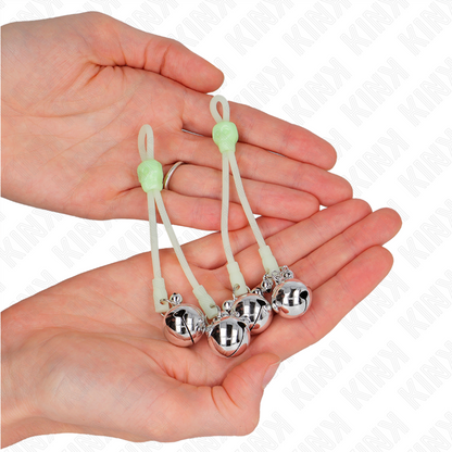 Pinze per capezzoli Teschio luminoso con anello Campane regolabili Verde/argento di Kink, immagine 3