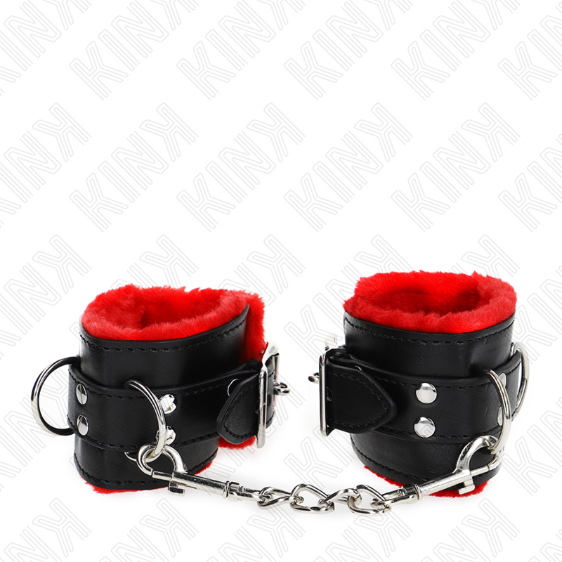 Polsini imbottiti in pelliccia con fori quadri cintura rossa e nera regolabile 17-29 cm x 6 cm di Kink, immagine 3