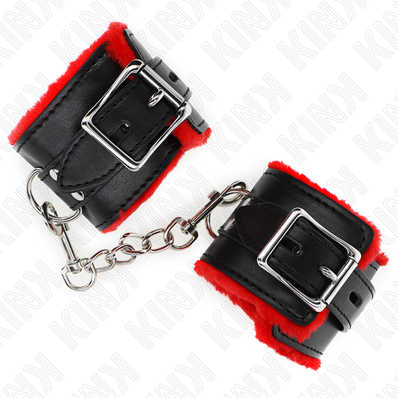 Polsini imbottiti in pelliccia con fori quadri cintura rossa e nera regolabile 17-29 cm x 6 cm di Kink, immagine 4