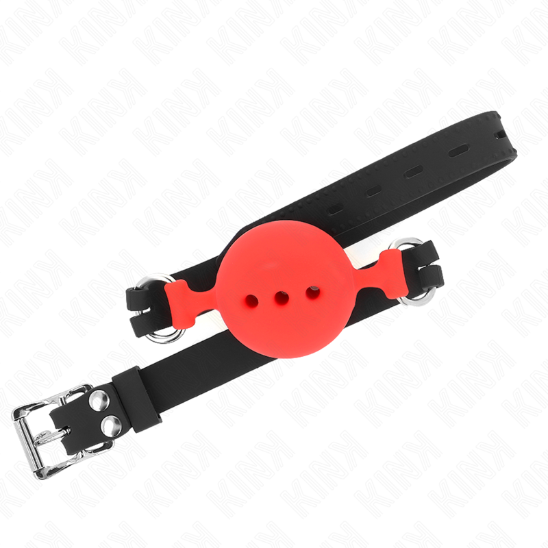 Bavaglio in silicone intero 55 x 2 cm con sfera da 5 cm misura L rosso regolabile 35-51 cm di Kink, immagine 3