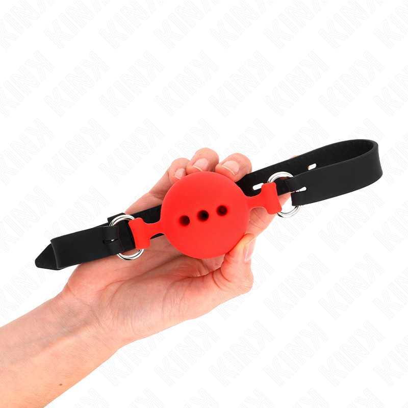 Bavaglio in silicone intero 55 x 2 cm con sfera da 5 cm misura L rosso regolabile 35-51 cm di Kink, immagine 2