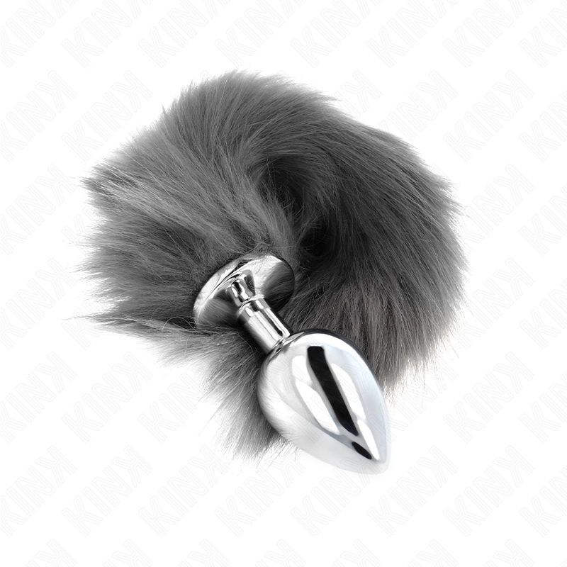 Plug anale L 10 x 4 cm con coda sintetica 40 cm grigio e bianco di Kink, immagine 2