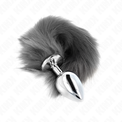 Plug anale L 10 x 4 cm con coda sintetica 40 cm grigio e bianco di Kink, immagine 2