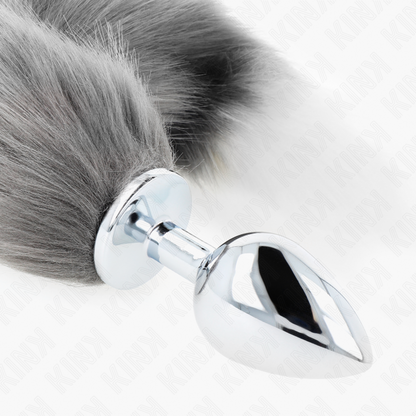 Plug anale L 10 x 4 cm con coda sintetica 40 cm grigio e bianco di Kink, immagine 4