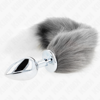 Plug anale L 10 x 4 cm con coda sintetica 40 cm grigio e bianco di Kink, immagine 3