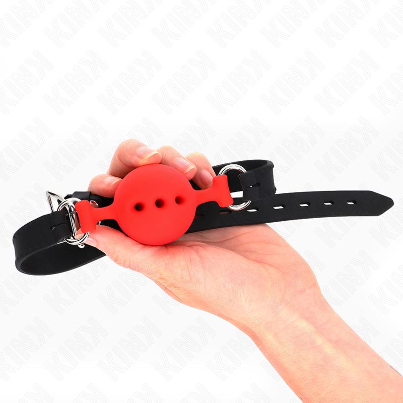 Bavaglio in silicone intero 55 x 2 cm con sfera da 4,5 cm misura M rosso regolabile 35-51 cm di Kink, immagine 2