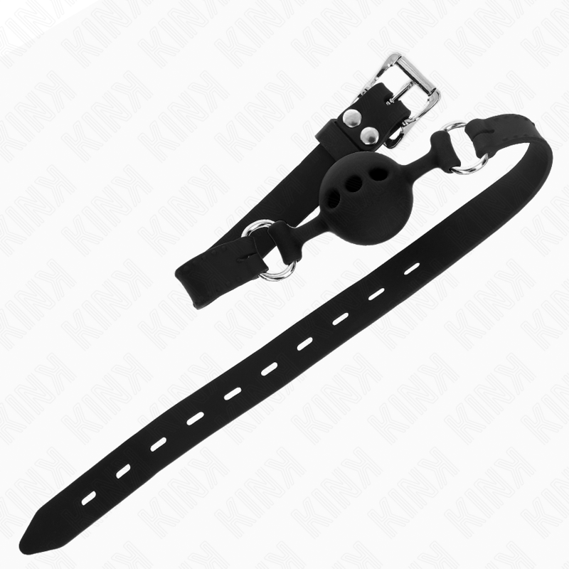 Bavaglio in silicone intero 55 x 2 cm con sfera da 4 cm misura S nero regolabile 35-51 cm di Kink, immagine 3