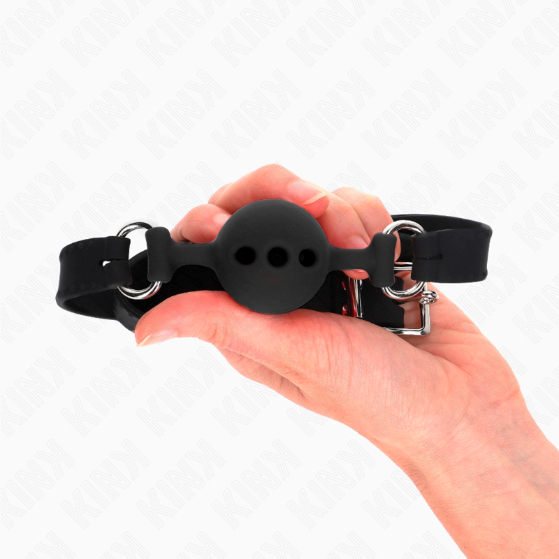 Bavaglio in silicone intero 55 x 2 cm con sfera da 4 cm misura S nero regolabile 35-51 cm di Kink, immagine 4