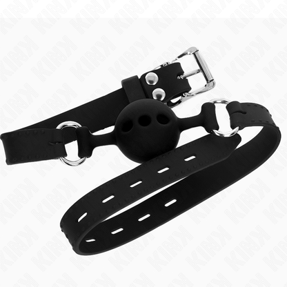 Bavaglio in silicone intero 55 x 2 cm con sfera da 4 cm misura S nero regolabile 35-51 cm di Kink, immagine 2