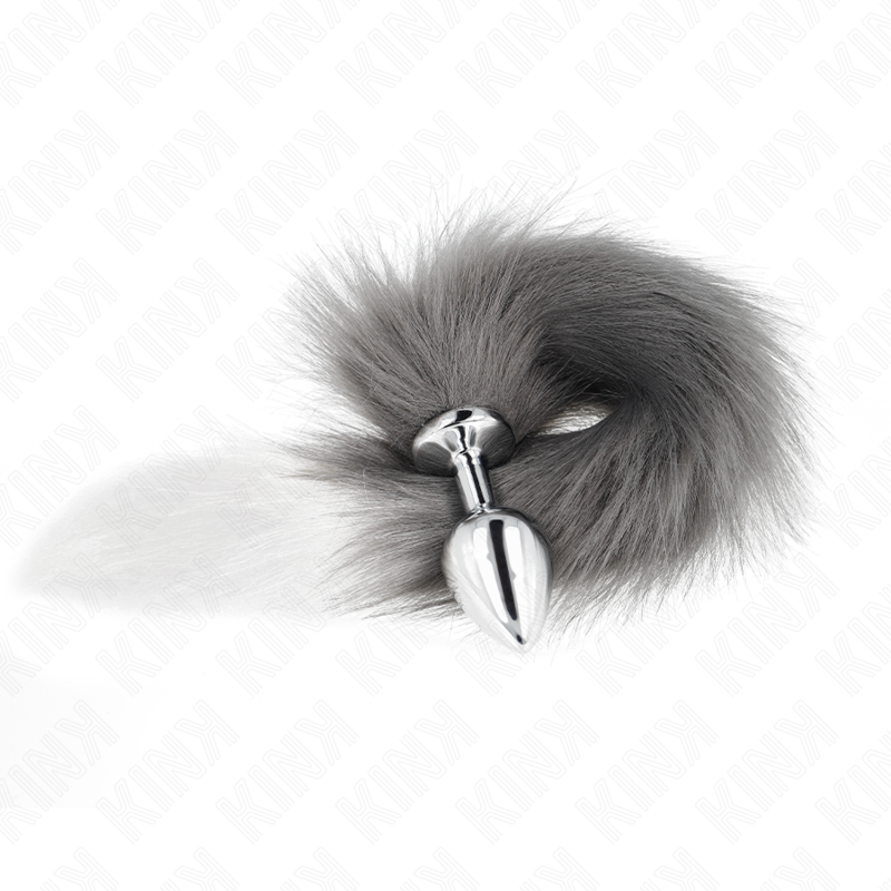 Plug anale misura M 8 x 3,5 cm con coda sintetica 40 cm grigio e bianco di Kink, immagine 3