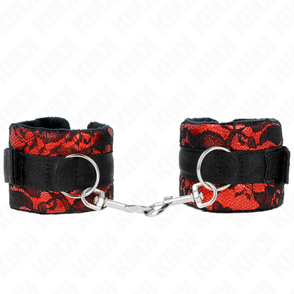 Manette e restrizioni polso corto in pizzo di velluto e fascia in nylon rosso / nero 23 x 6,5 cm di Kink, immagine 2