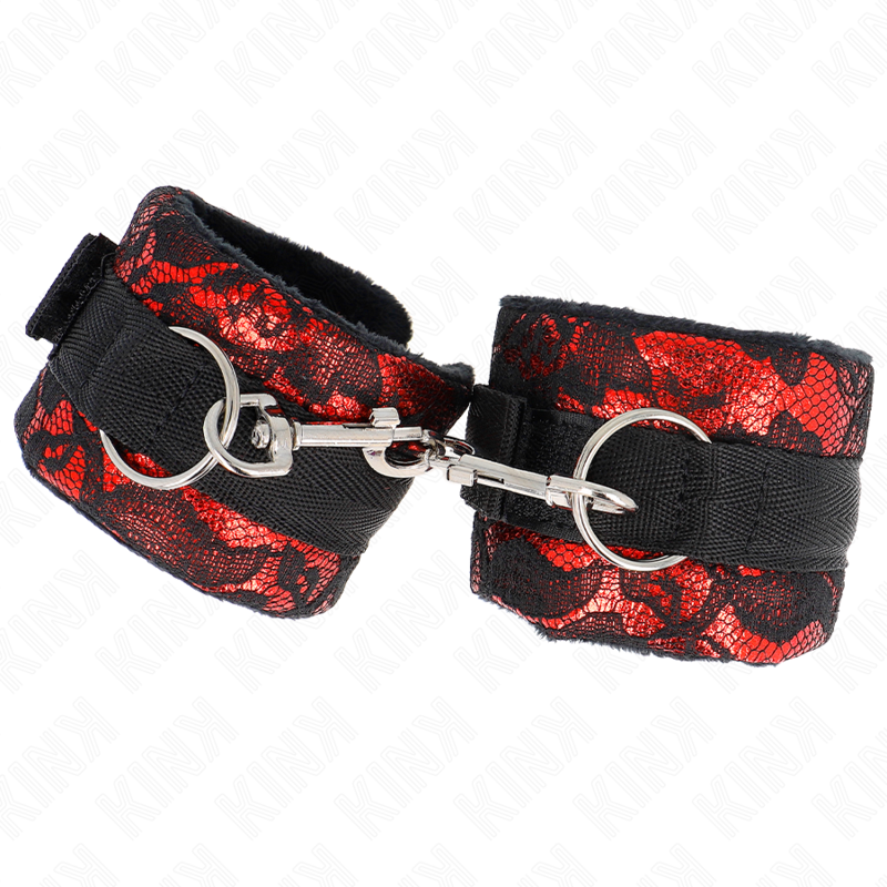 Manette e restrizioni polso corto in pizzo di velluto e fascia in nylon rosso / nero 23 x 6,5 cm di Kink, immagine 3