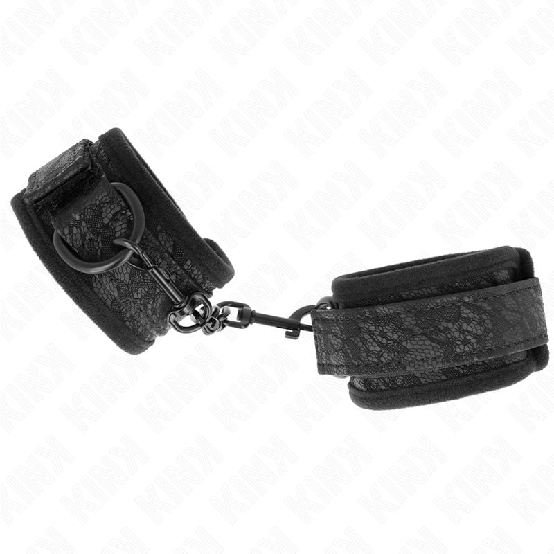 Manette e restrizioni polsi ricoperti di pizzo scuro in neoprene regolabile nero 20-29 cm x 5 cm di Kink, immagine 3