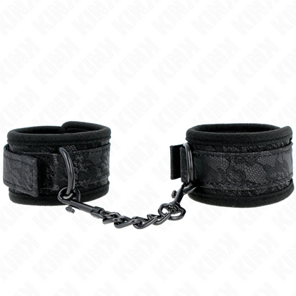 Manette e restrizioni polsi ricoperti di pizzo scuro in neoprene regolabile nero 20-29 cm x 5 cm di Kink, immagine 2