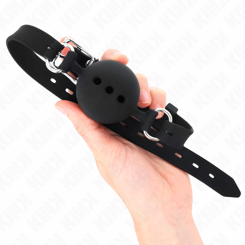 Bavaglio in silicone intero 55 x 2 cm con sfera da 4,5 cm misura M nero regolabile 35-51 cm di Kink, immagine 2