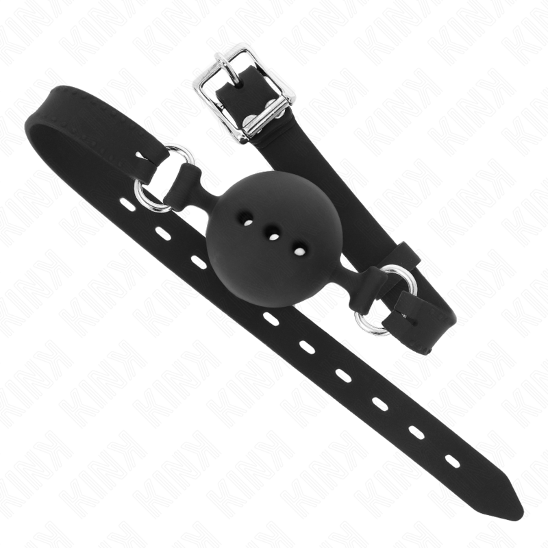Bavaglio in silicone intero 55 x 2 cm con sfera da 4,5 cm misura M nero regolabile 35-51 cm di Kink, immagine 3