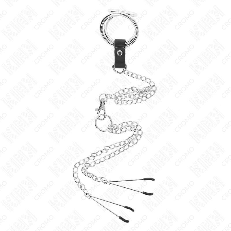 Anello per pene in metallo cromato triplo da 3 cm a 4,5 cm con catena in metallo da 26 cm e clip per capezzoli, immagine 3