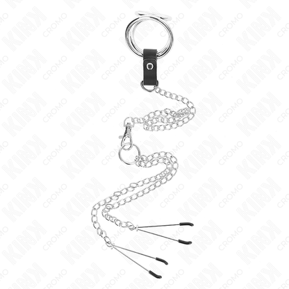 Anello per pene in metallo cromato triplo da 3 cm a 4,5 cm con catena in metallo da 26 cm e clip per capezzoli, immagine 3