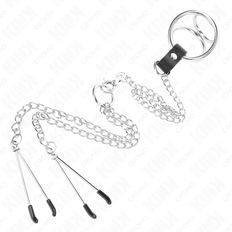 Anello per pene in metallo cromato triplo da 3 cm a 4,5 cm con catena in metallo da 26 cm e clip per capezzoli, immagine 4