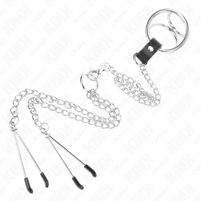 Anello per pene in metallo cromato triplo da 3 cm a 4,5 cm con catena in metallo da 26 cm e clip per capezzoli, immagine 4