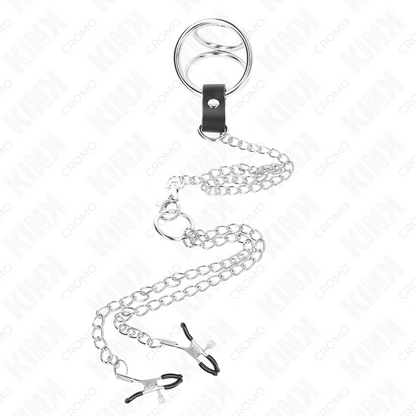 Anello per pene in metallo cromato triplo da 3 cm a 4,5 cm con catena in metallo da 26 cm e clip per capezzoli, immagine 3