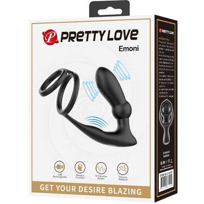 PRETTY LOVE - ANELLO PER PENE EMONI + TAPPO ANALE 12 VIBRAZIONI NERO