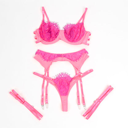 SUBBLIME - 955366 COMPLETO REGGISENO CON PIZZO E LINEE DI GIARRETTIERA ROSA E VIOLA L/XL