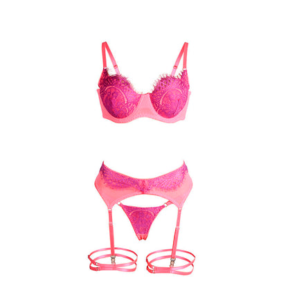 SUBBLIME - 955366 COMPLETO REGGISENO CON PIZZO E LINEE DI GIARRETTIERA ROSA E VIOLA L/XL