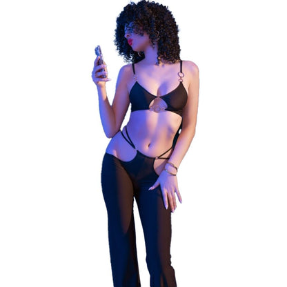 CHILIROSE - CR 4851 SET TOP E LEGGINGS NERI CON ACCESSORI DORATI S