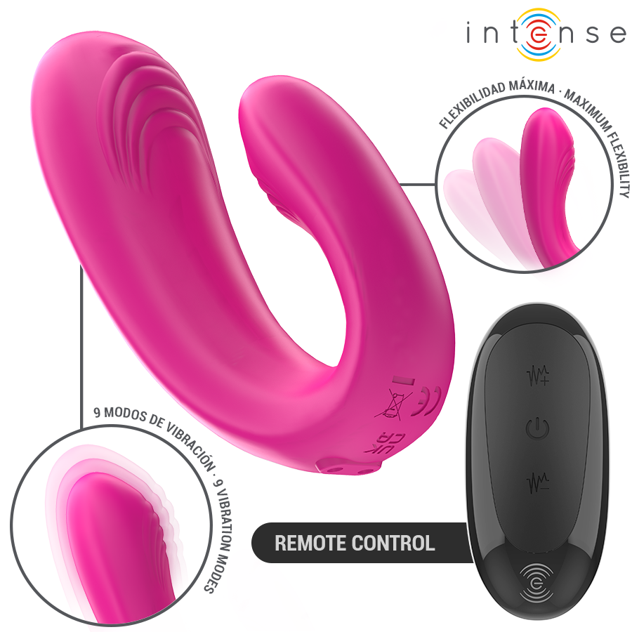 Stimolatore Janet dual e vibratore a forma di u con telecomando rosa di Intense, immagine 2