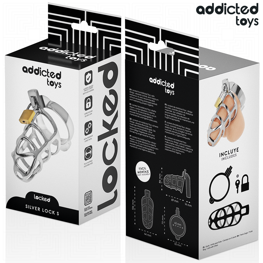 Gabbia per pene in metallo con bloccaggio argento taglia S di Addicted Toys Locked, immagine 6