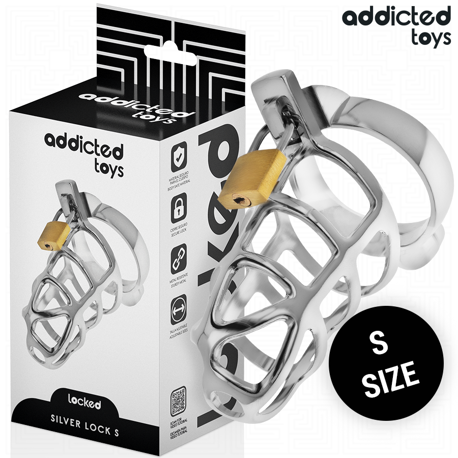Gabbia per pene in metallo con bloccaggio argento taglia S di Addicted Toys Locked