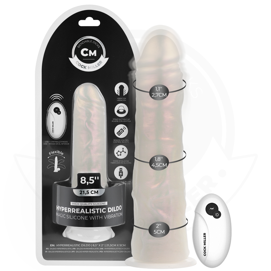 Dildo con ventosa, luci e vibrazione con telecomando bianco 21,5 cm