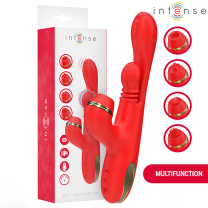 Stimolatore clitorideo Katy multifunzione 4 testine intercambiabili rosso di Intense