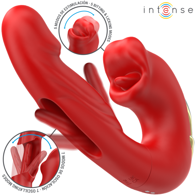 Vibratore con bocca Nathy doppio stimolante multifunzione rosso di Intense, immagine 2