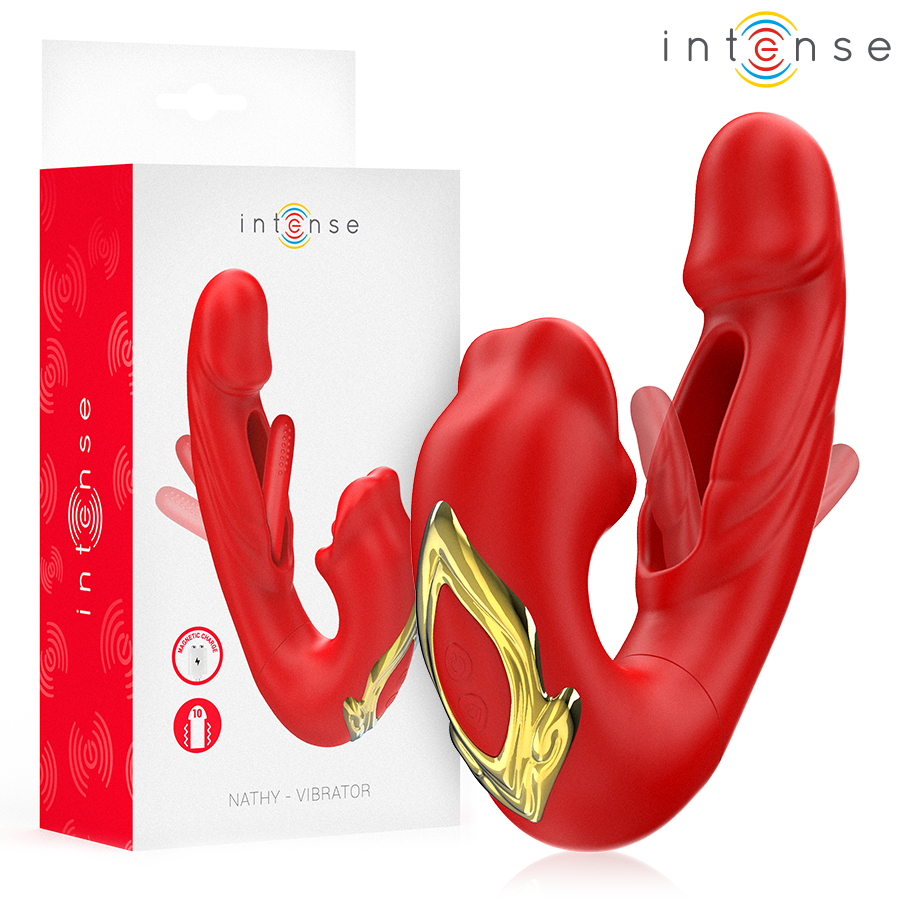 Vibratore con bocca Nathy doppio stimolante multifunzione rosso di Intense
