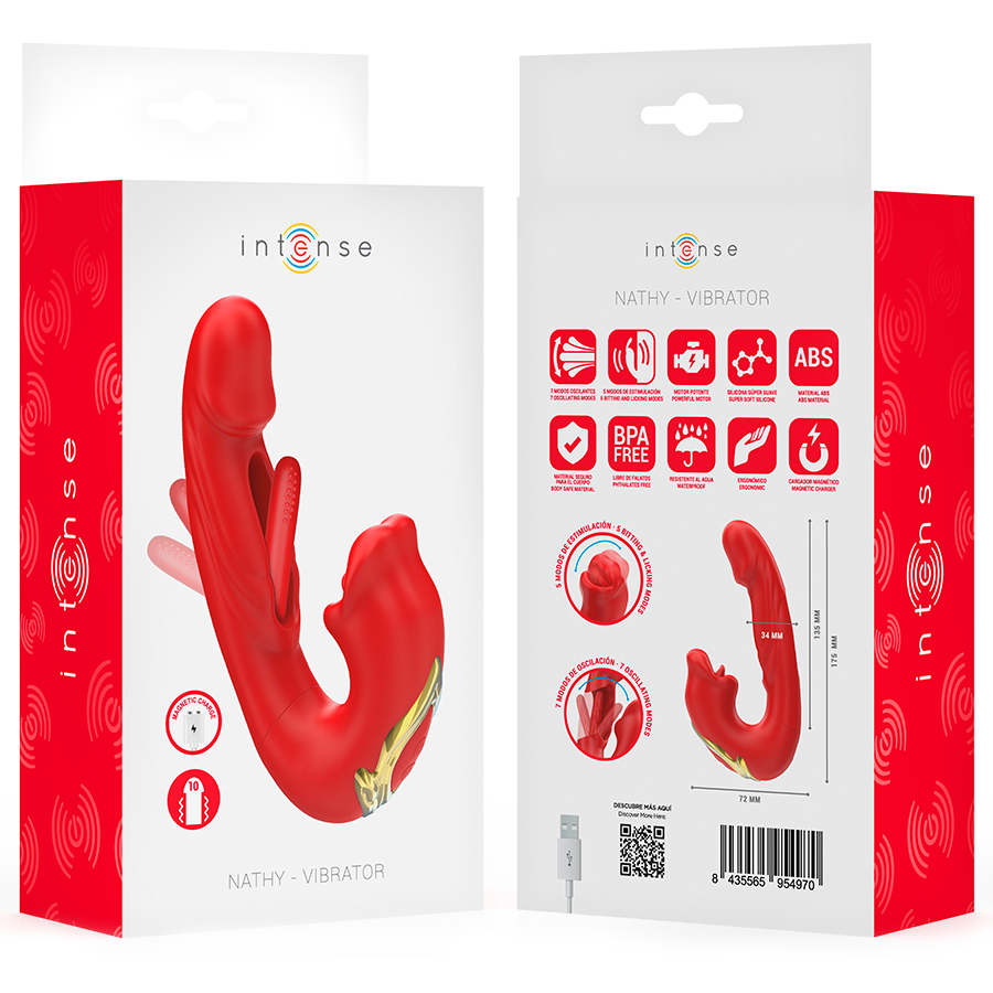 Vibratore con bocca Nathy doppio stimolante multifunzione rosso di Intense, immagine 8