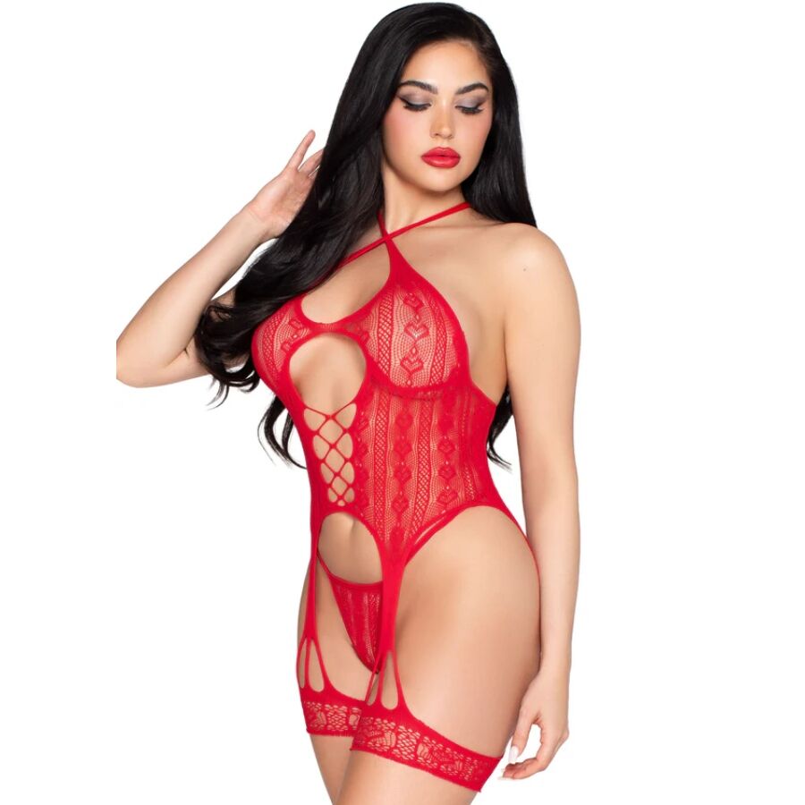 Body aperto in pizzo con cinturino e perizoma rosso - taglia unica di Leg Avenue, immagine 2