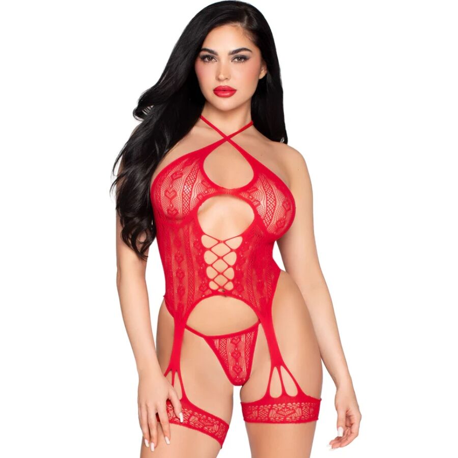 Body aperto in pizzo con cinturino e perizoma rosso - taglia unica di Leg Avenue