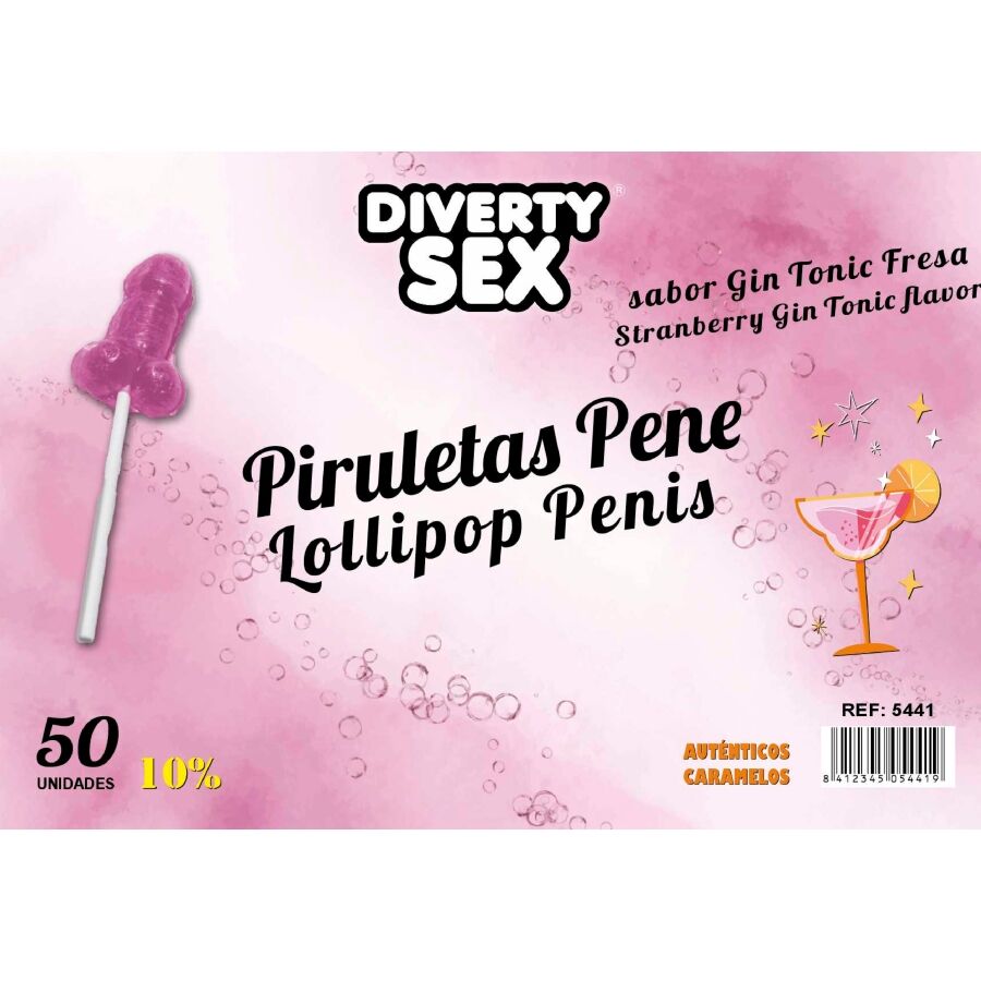 Lecca-lecca a forma di pene 50 gin tonic gusto fragola 10% alcool di Diablo Goloso