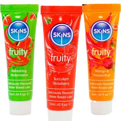 Kit lubrificanti alla frutta lubrificanti All'anguria, alla fragola e al mango 3 x 12 ml di Skins, immagine 2